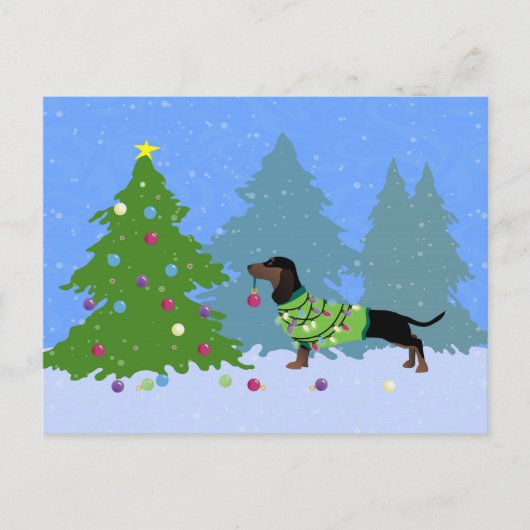 Dachshund Decorteert kerstbomen in het bos Feestdagenkaart (Voorkant)