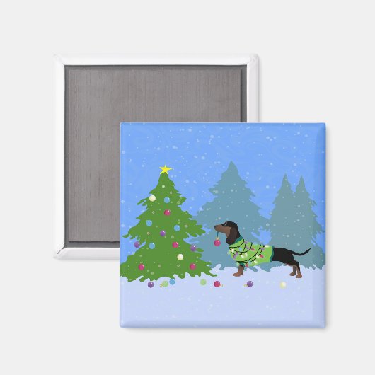 Dachshund Decorteert kerstbomen in het bos Magneet (Voorkant / Achterkant)