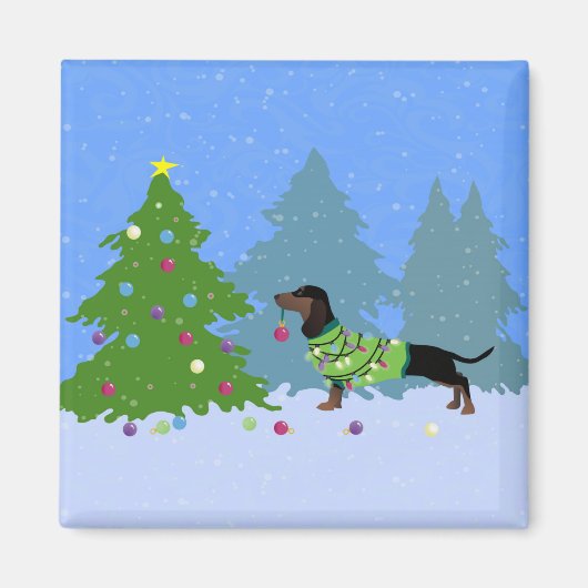 Dachshund Decorteert kerstbomen in het bos Magneet (Voorkant)