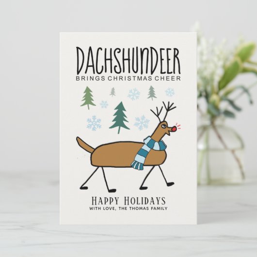 Dachshund Deer Kerstmis Cheer Funny Feestdagenkaart (Staand voorkant)