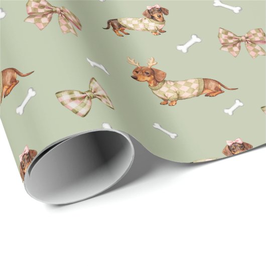 Dachshund Dog Christmas Checkerboard Sweater Bow Cadeaupapier (Rol Hoek)