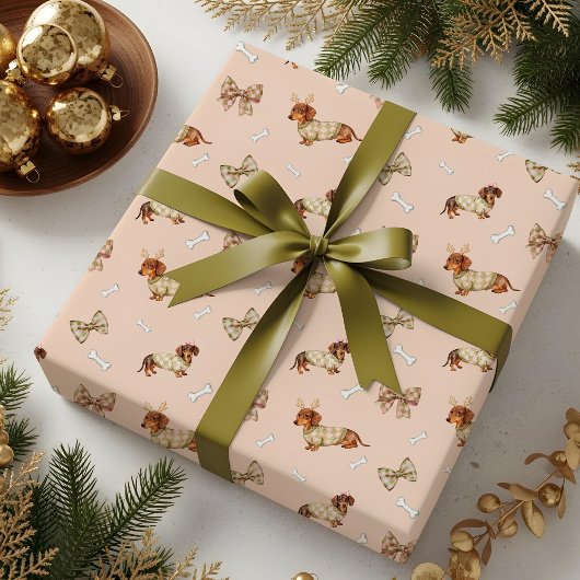 Dachshund Dog Christmas Checkerboard Sweater Bow Cadeaupapier