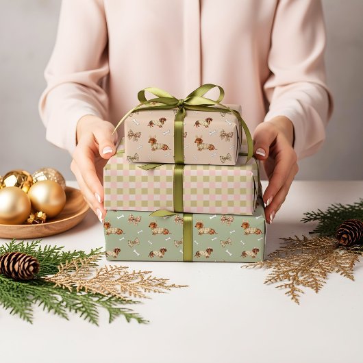 Dachshund Dog Christmas Checkerboard Sweater Bow Inpakpapier Vel