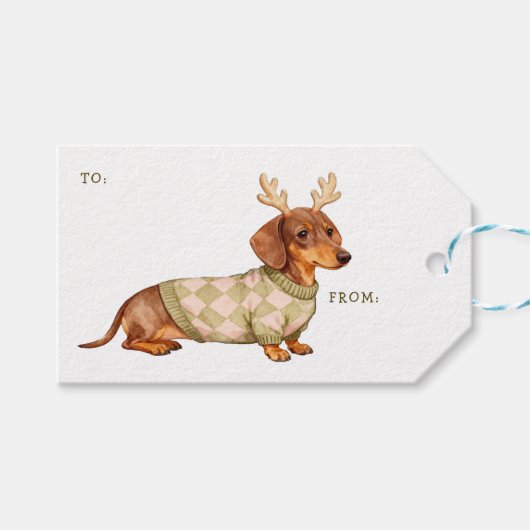 Dachshund Dog Christmas Checkered Sweater Photo Cadeaulabel (Voorkant (Horizontaal))