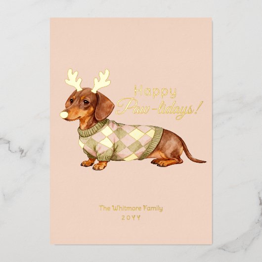 Dachshund Dog Christmas Checkered Sweater Photo Folie Feestdagenkaart (Voorkant)