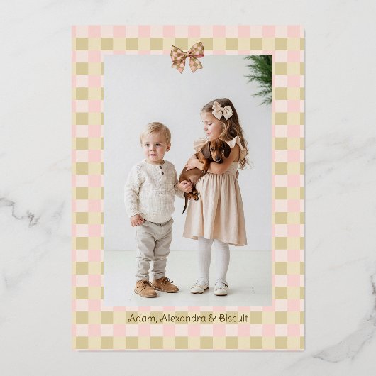 Dachshund Dog Christmas Checkered Sweater Photo Folie Feestdagenkaart (Achterkant)