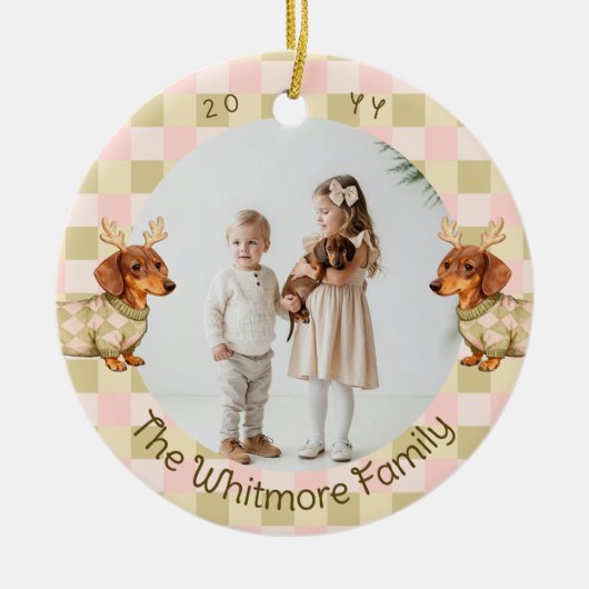 Dachshund Dog Christmas Checkered Sweater Photo Keramisch Ornament (Voorkant)