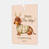 Dachshund Dog Christmas Checkered Sweater Photo Metalen Ornament (Voorkant links)