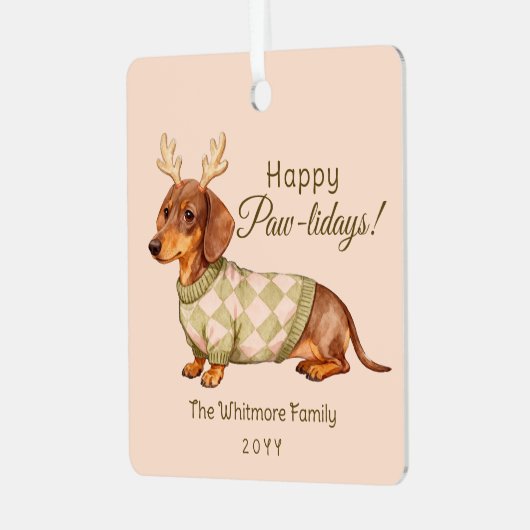 Dachshund Dog Christmas Checkered Sweater Photo Metalen Ornament (Voorkant links)