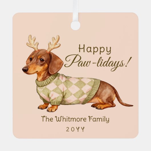Dachshund Dog Christmas Checkered Sweater Photo Metalen Ornament (Voorkant)