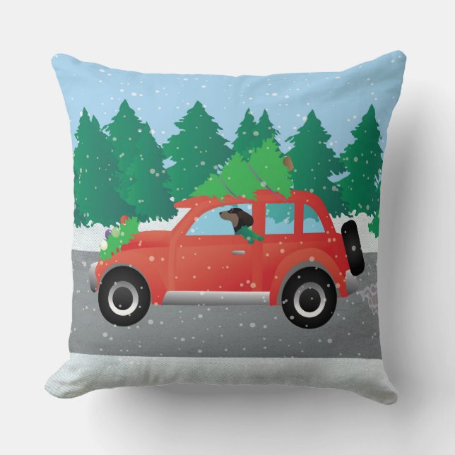 Dachshund Dog Driving Car - Kerstboom bovenaan Kussen (Voorkant)