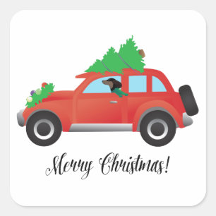 Dachshund Dog Driving Car - Kerstboom bovenaan Vierkante Sticker