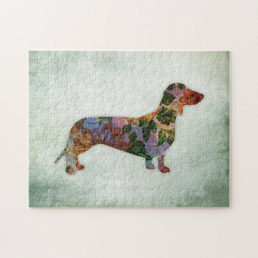 Dachshund Dog Floral over Groen Legpuzzel (Horizontaal)