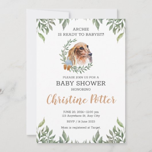 Dachshund Dog Greenery Boho Baby shower Invitation Kaart (Voorkant)