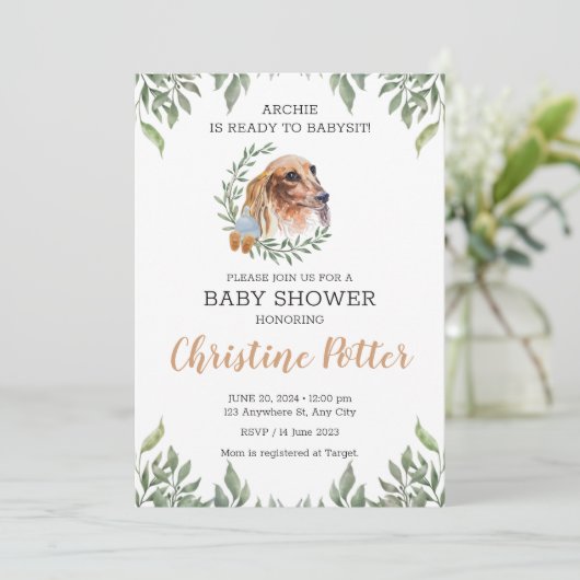 Dachshund Dog Greenery Boho Baby shower Invitation Kaart (Staand voorkant)