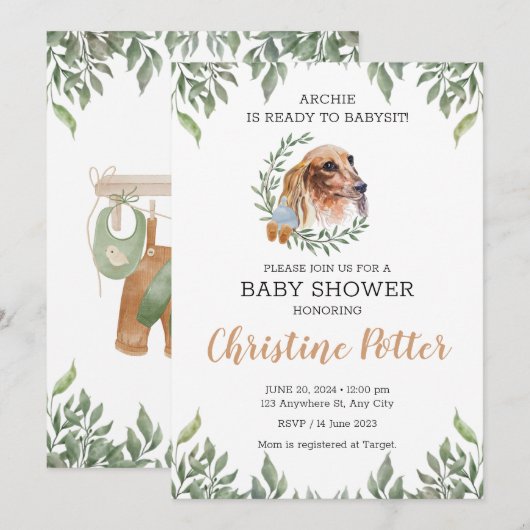 Dachshund Dog Greenery Boho Baby shower Invitation Kaart (Voorkant / Achterkant)