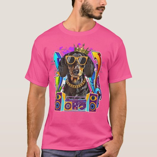Dachshund Dog Hip Hop 90S Rap Muziek T-shirt (Voorkant)