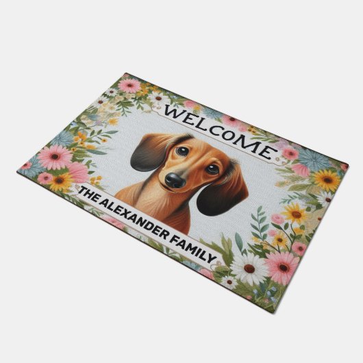 Dachshund Dog Home Lief, Bloemen ingelijst Welkom Deurmat (Schuin)