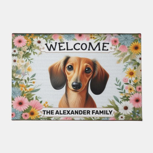 Dachshund Dog Home Lief, Bloemen ingelijst Welkom Deurmat (Voorkant)
