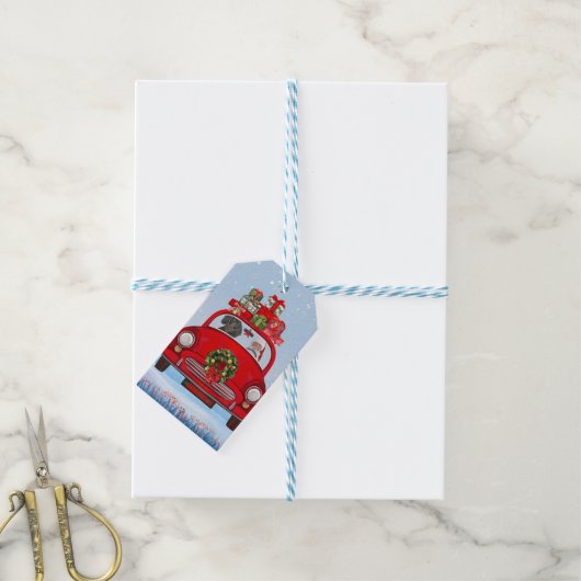 Dachshund Dog in auto met kerstman Cadeaulabel (Met Touw)