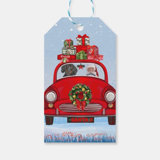 Dachshund Dog in auto met kerstman Cadeaulabel (Achterkant)