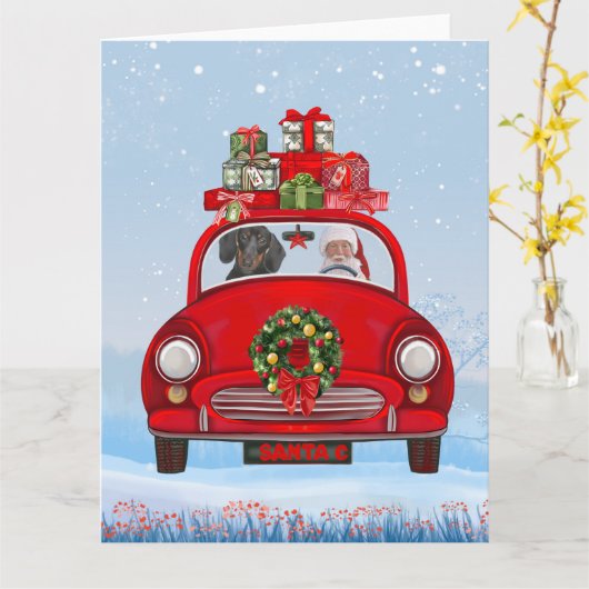 Dachshund Dog in auto met kerstman Kaart (Gele Bloem)