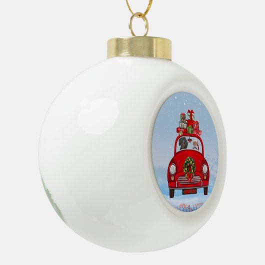 Dachshund Dog in auto met kerstman Keramische Bal Ornament (Links)