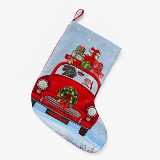 Dachshund Dog in auto met kerstman Kleine Kerstsok (Voorkant (Hangend))
