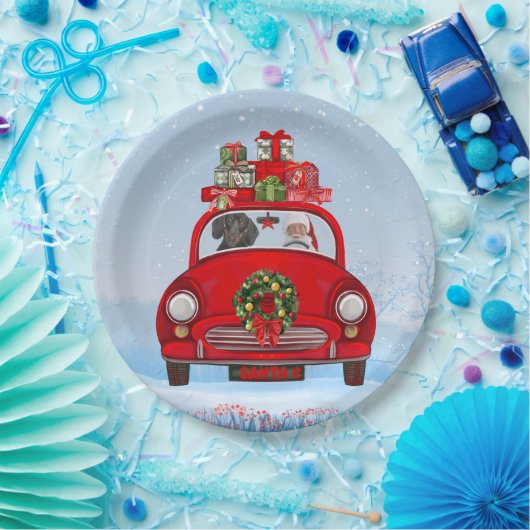 Dachshund Dog in auto met kerstman Papieren Bordje (Feest)