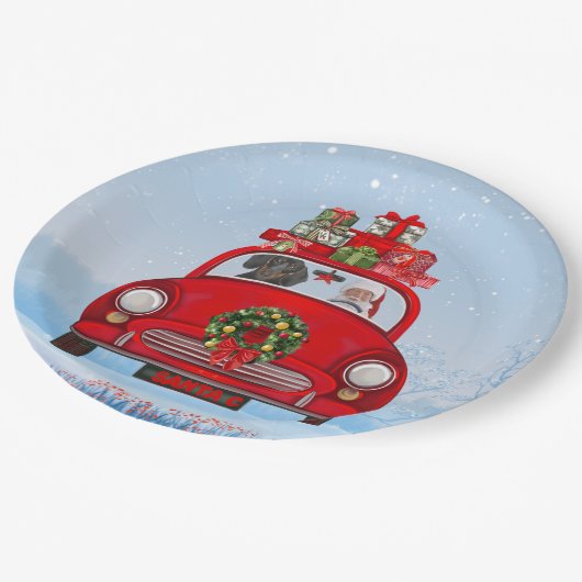 Dachshund Dog in auto met kerstman Papieren Bordje (Gekanteld)