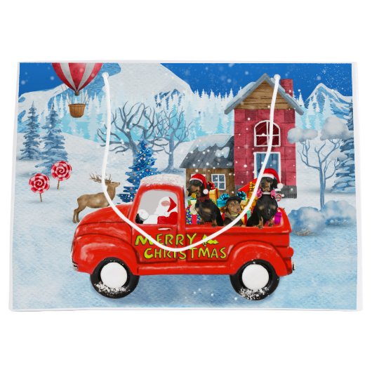 Dachshund Dog in kerstcadeauwagen Groot Cadeauzakje (Voorkant)