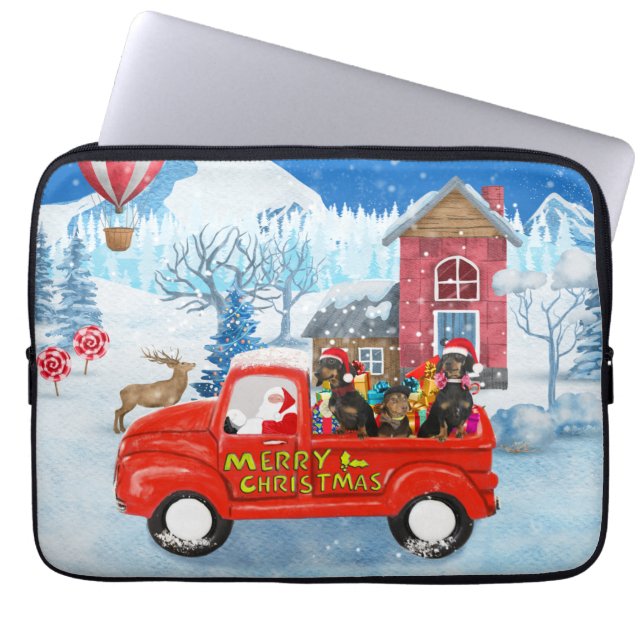 Dachshund Dog in kerstcadeauwagen Laptop Sleeve (Voorkant)