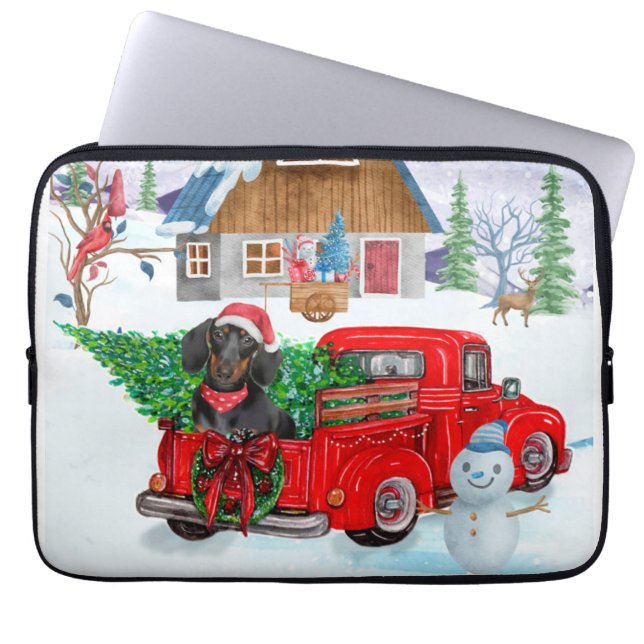 Dachshund Dog in kerstcadeauwagen Laptop Sleeve (Voorkant)