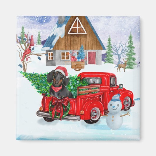 Dachshund Dog in kerstcadeauwagen Magneet (Voorkant)