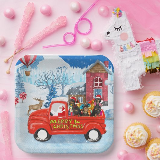 Dachshund Dog in kerstcadeauwagen Papieren Bordje (Feest)