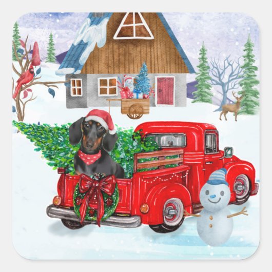 Dachshund Dog in kerstcadeauwagen Vierkante Sticker (Voorkant)
