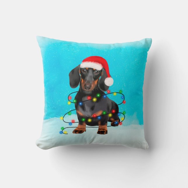 Dachshund Dog in Sneeuw Kerst Pet Lights Kussen (Voorkant)