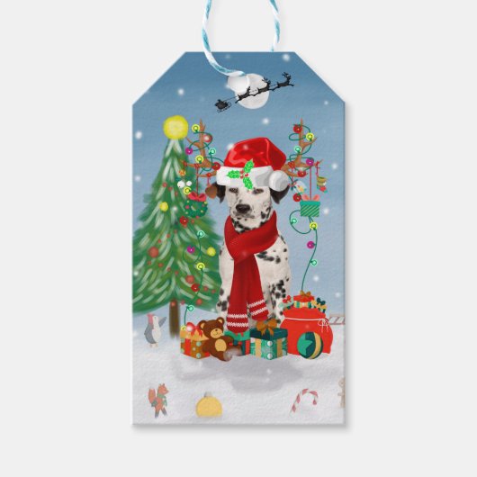 Dachshund Dog in sneeuw met kerstcadeaus Cadeaulabel (Voorkant)