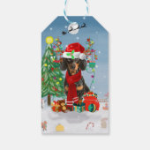 Dachshund Dog in sneeuw met kerstcadeaus Cadeaulabel (Achterkant)