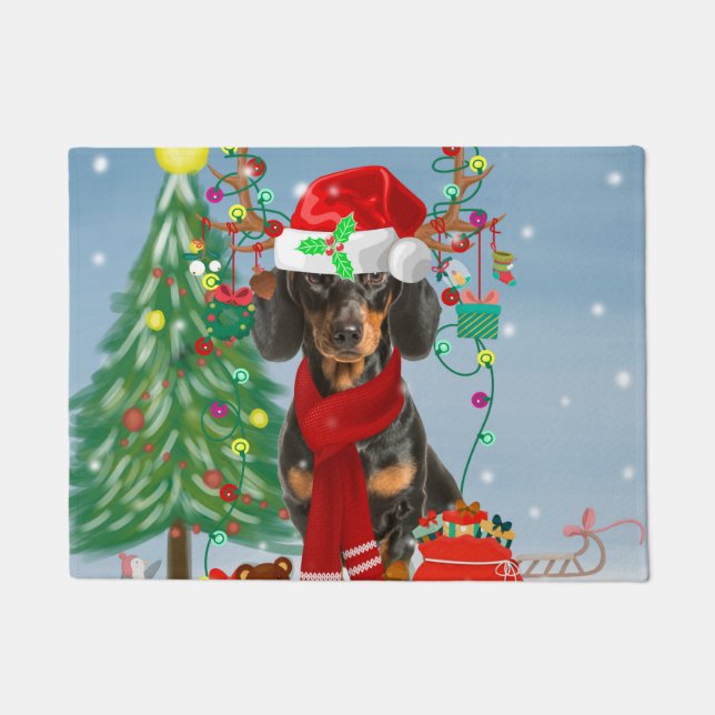 Dachshund Dog in sneeuw met kerstcadeaus Deurmat (Voorkant)