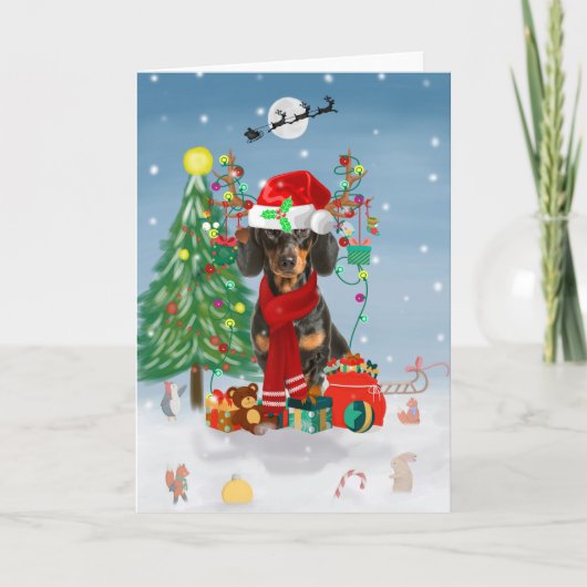 Dachshund Dog in sneeuw met kerstcadeaus Kaart (Voorkant)