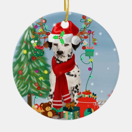 Dachshund Dog in sneeuw met kerstcadeaus Keramisch Ornament (Voorkant)