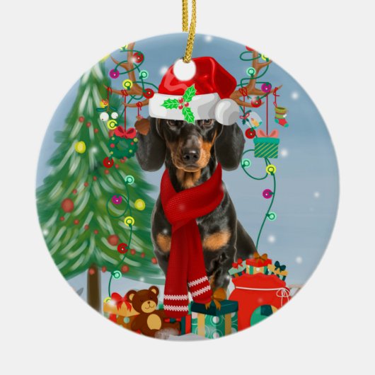 Dachshund Dog in sneeuw met kerstcadeaus Keramisch Ornament (Voorkant)
