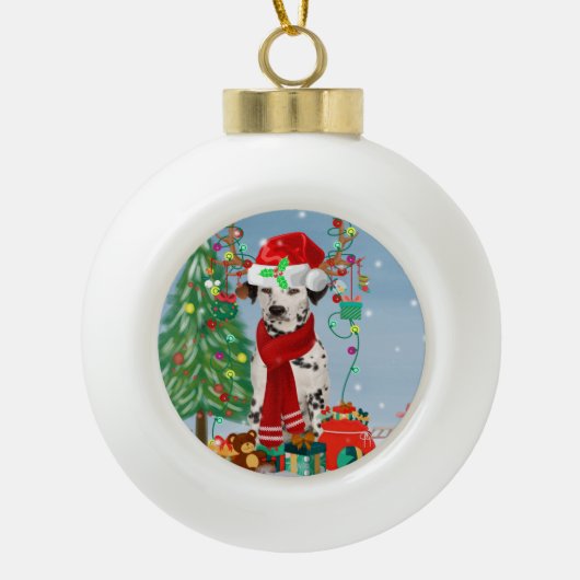 Dachshund Dog in sneeuw met kerstcadeaus Keramische Bal Ornament (Voorkant)