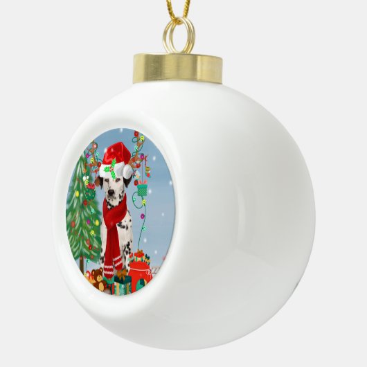 Dachshund Dog in sneeuw met kerstcadeaus Keramische Bal Ornament (Rechts)