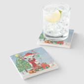Dachshund Dog in sneeuw met kerstcadeaus Stenen Onderzetter (Zijkant)