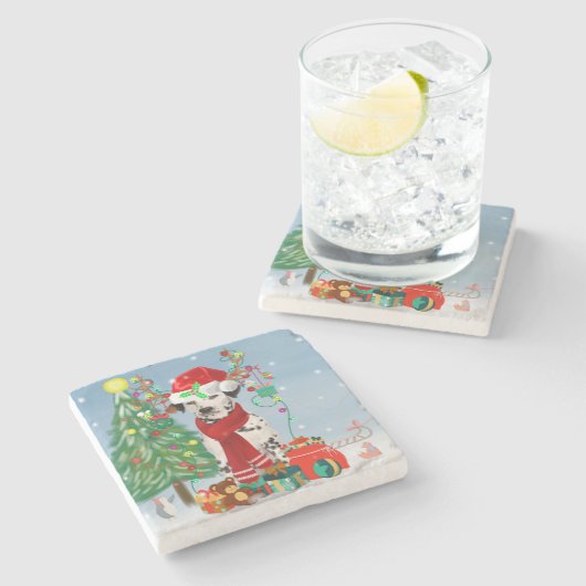 Dachshund Dog in sneeuw met kerstcadeaus Stenen Onderzetter (Zijkant)