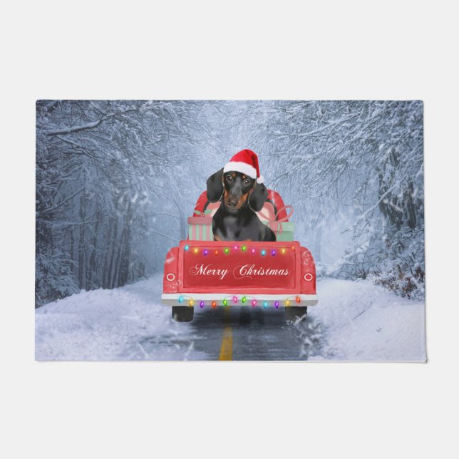 Dachshund Dog in sneeuw, met kersttruck Deurmat (Voorkant)