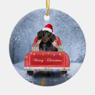 Dachshund Dog in sneeuw, met kersttruck Keramisch Ornament