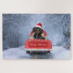 Dachshund Dog in sneeuw, met kersttruck Legpuzzel